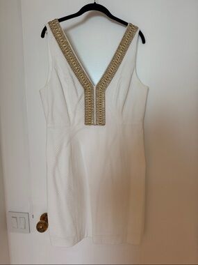 Lilly Pulitzer White Sleeveless V-Neck Dress with Gold Trim